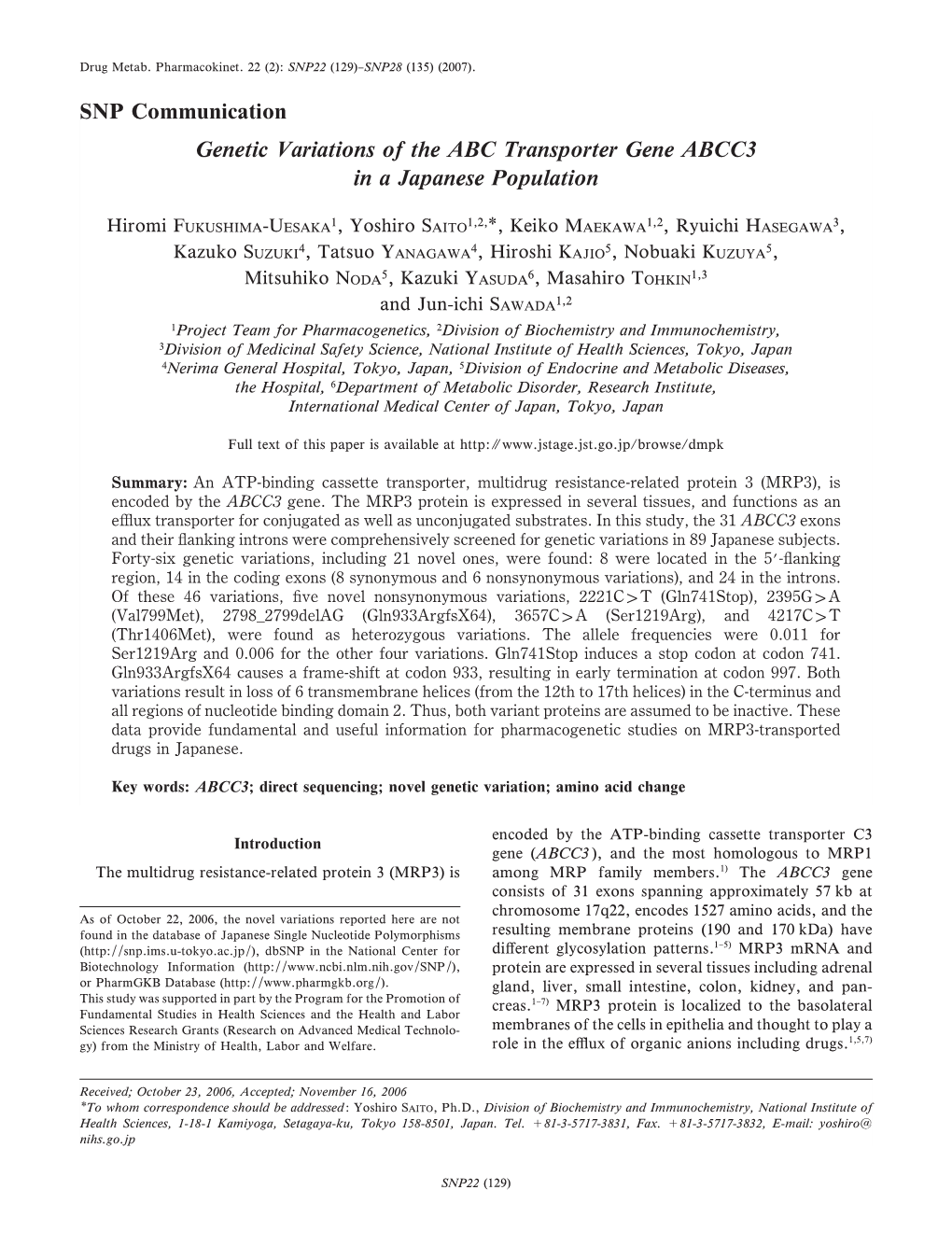 SNP Communication Genetic Variations of the ABC Transporter Gene ABCC3 in a Japanese Population