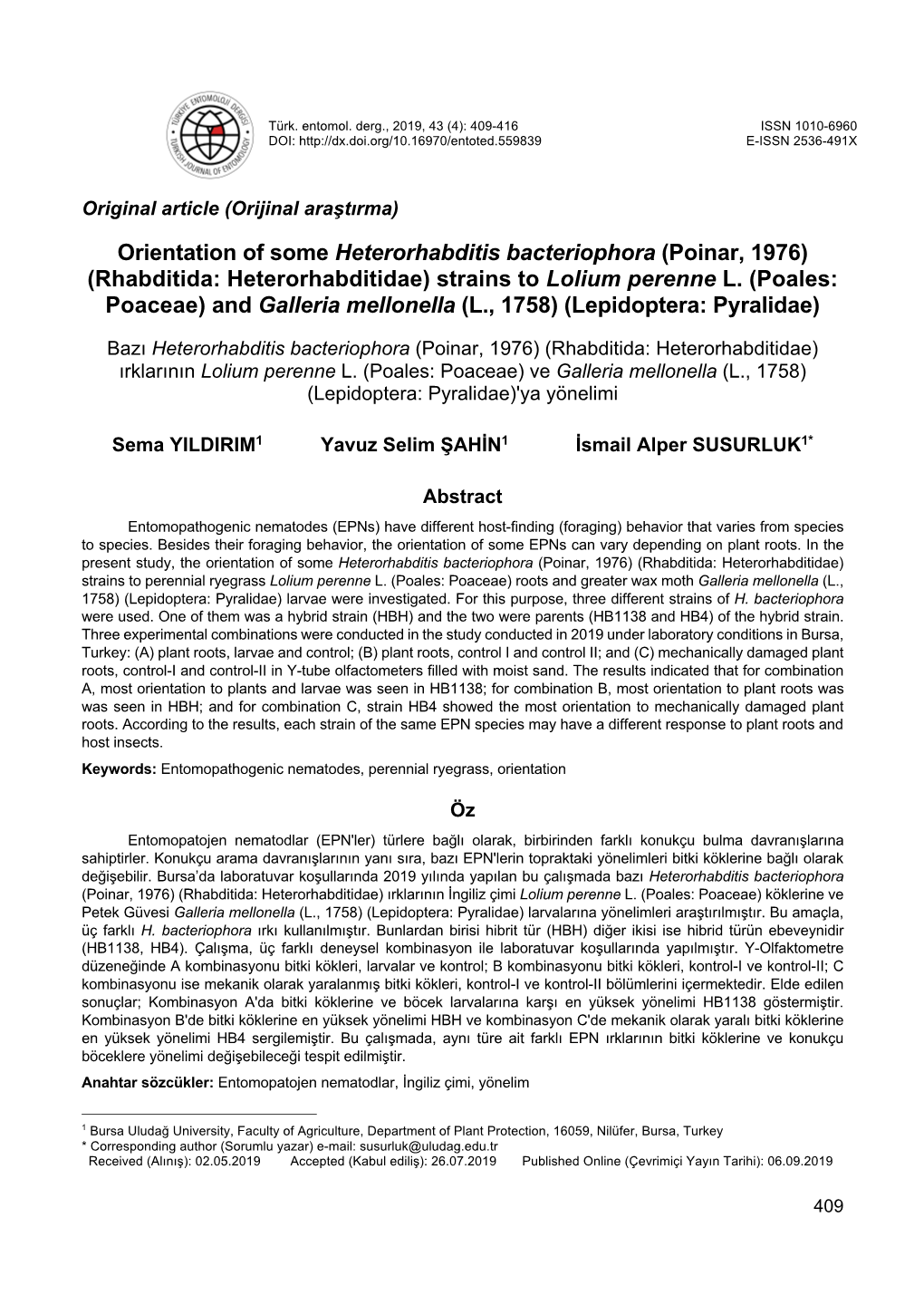 Orientation of Some Heterorhabditis Bacteriophora (Poinar, 1976) (Rhabditida: Heterorhabditidae) Strains to Lolium Perenne L. (P