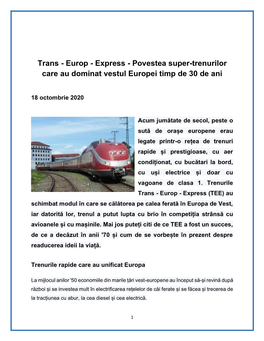 Trans - Europ - Express - Povestea Super-Trenurilor Care Au Dominat Vestul Europei Timp De 30 De Ani