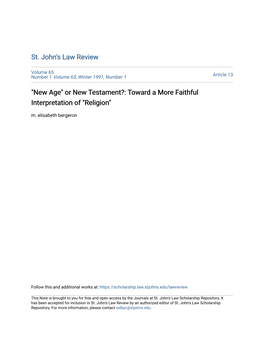 "New Age" Or New Testament?: Toward a More Faithful Interpretation of "Religion" M