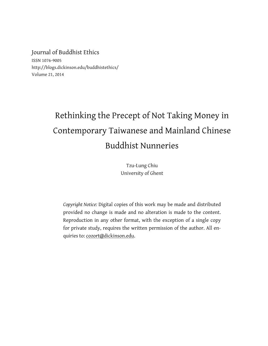 Rethinking the Precept of Not Taking Money in Contemporary Taiwanese and Mainland Chinese Buddhist Nunneries