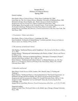 Jacques Revel Debates in Cultural History Spring 2008 General Readings