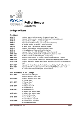 Roll of Honour August 2021