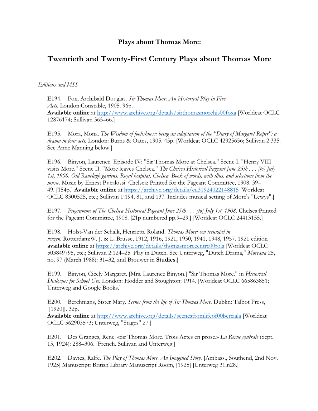 Twentieth and Twenty-First Century Plays About Thomas More