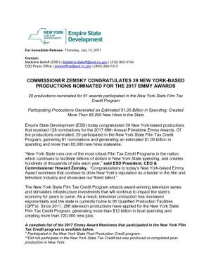 Commissioner Zemsky Congratulates 39 New York-Based Productions Nominated for the 2017 Emmy Awards