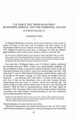 "LA FARCE DES THEOLOGASTRES": HUMANISM, HERESY, and the SORBONNE, 1523-1525 by Charles Garside, Jr