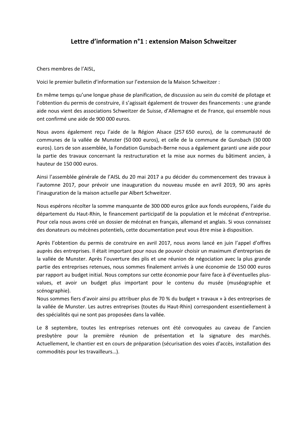 Lettre D'information N°1 : Extension Maison Schweitzer