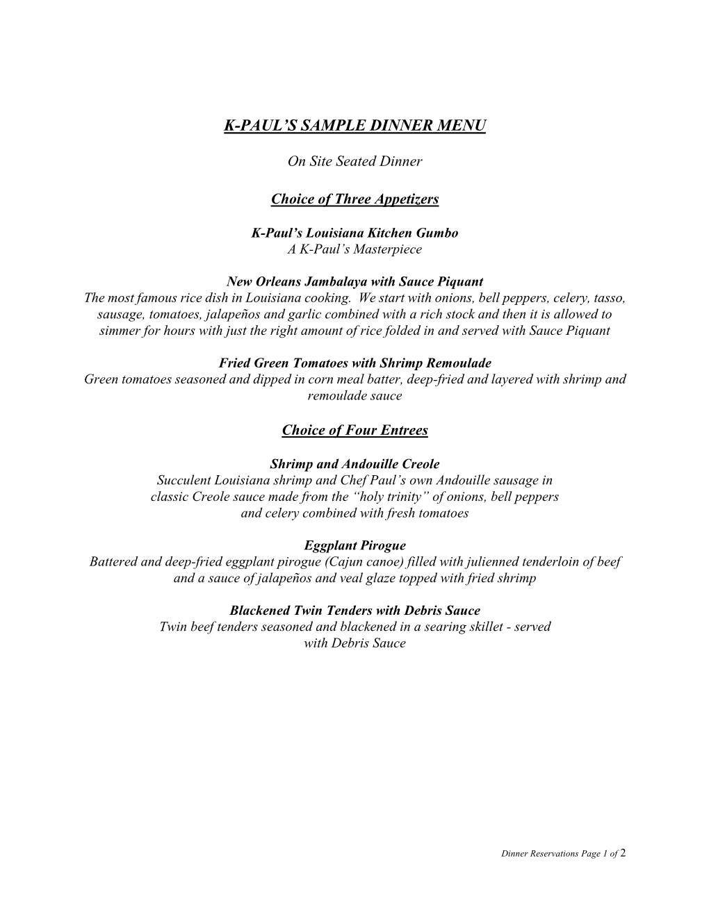 K-Paul's Sample Dinner Menu