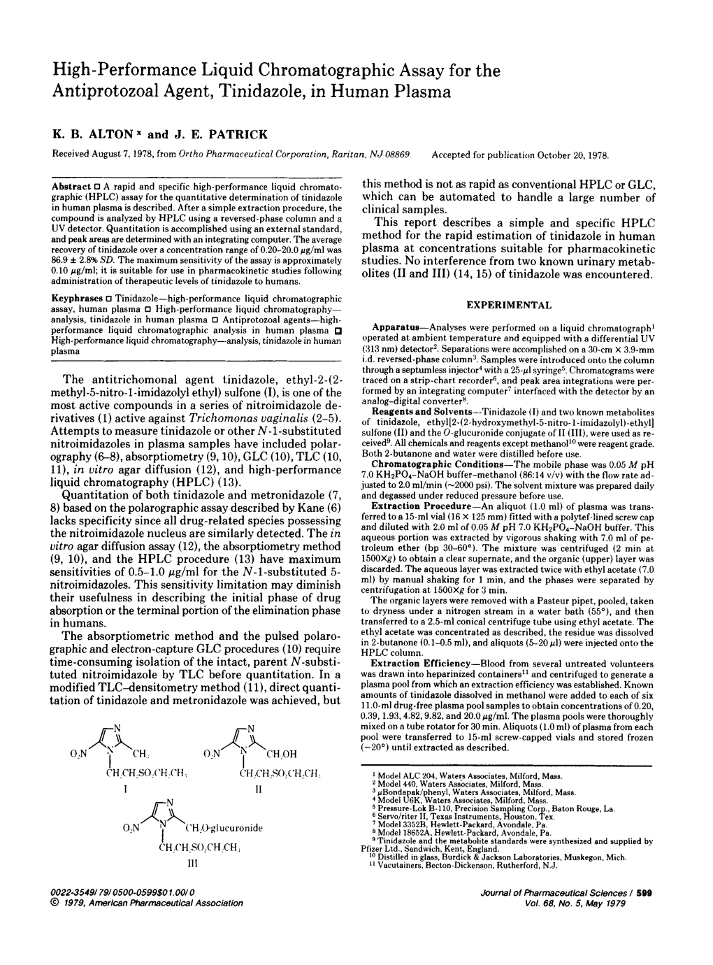 High-Performance Liquid Chromatographic Assay for the Antiprotozoal Agent, Tinidazole, in Human Plasma