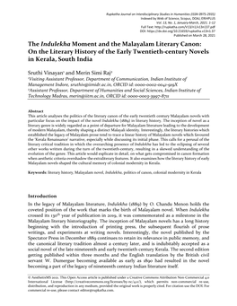 The Indulekha Moment and the Malayalam Literary Canon: on the Literary History of the Early Twentieth-Century Novels in Kerala, South India