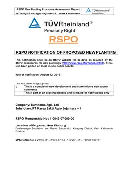 Rspo Notification of Proposed New Planting