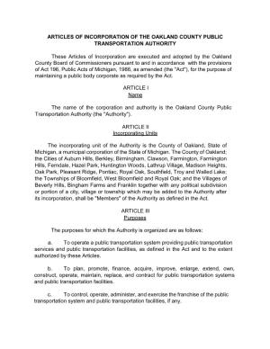 Articles of Incorporation of the Oakland County Public Transportation Authority
