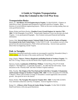 Guide to Virginia Transportation from the Colonial to the Civil War Eras
