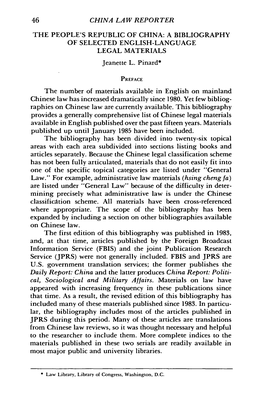 THE PEOPLE's REPUBLIC of CHINA: a BIBLIOGRAPHY of SELECTED ENGLISH-LANGUAGE LEGAL MATERIALS Jeanette L