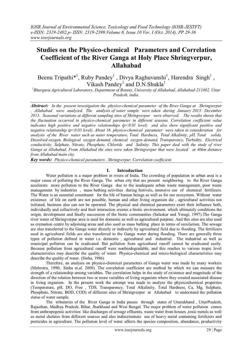 Studies on the Physico-Chemical Parameters and Correlation Coefficient of the River Ganga at Holy Place Shringverpur, Allahabad