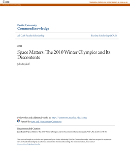 Space Matters: the 2010 Winter Olympics and Its Discontents