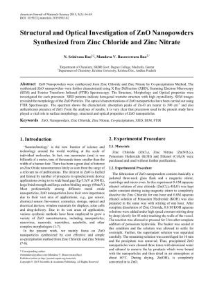 Zno, Nanopowders, Zinc Chloride, Zinc Nitrate, Co-Precipitation, XRD, SEM, FTIR