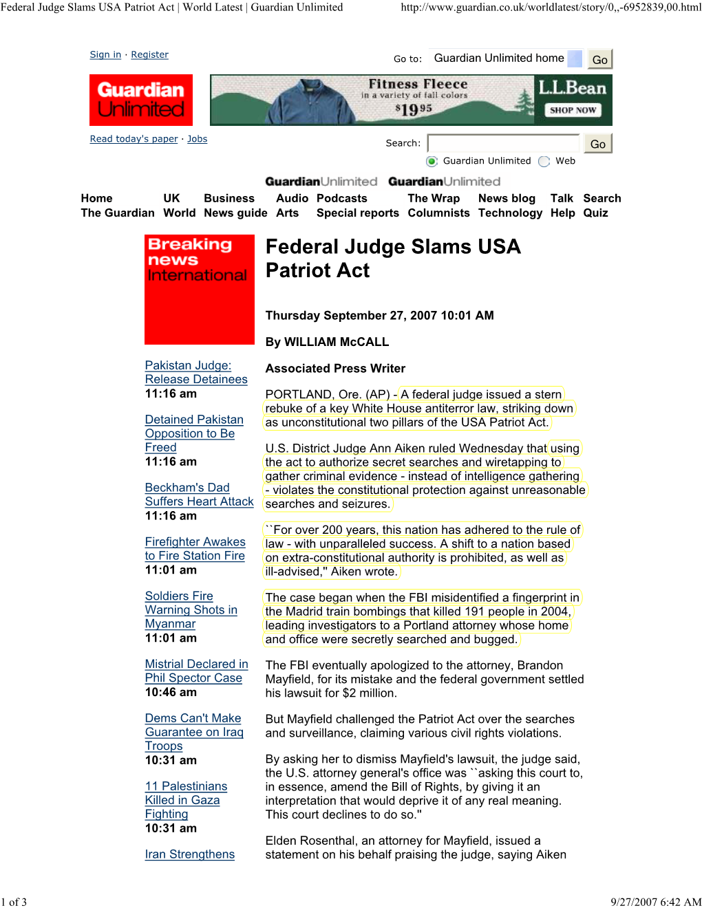 Federal Judge Slams USA Patriot Act | World Latest | Guardian