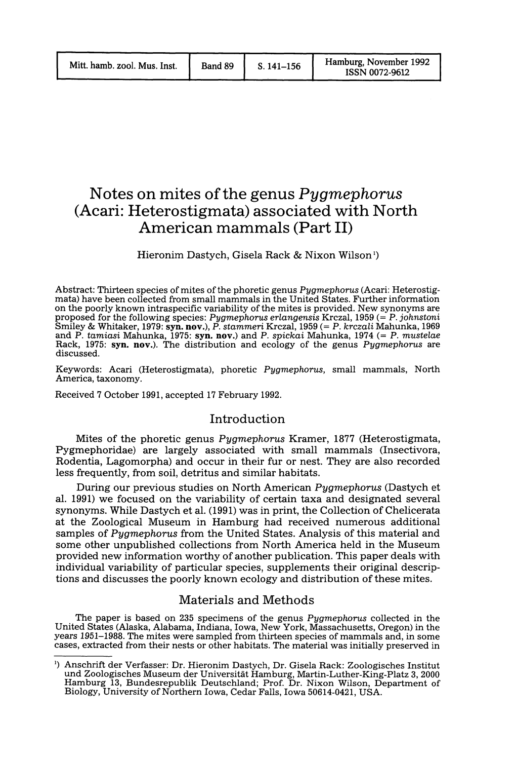 Notes on Mites Ofthe Genus Pygmephorus (Acari: Heterostigmata) Associated \Vith North American Mammals (Part 11)