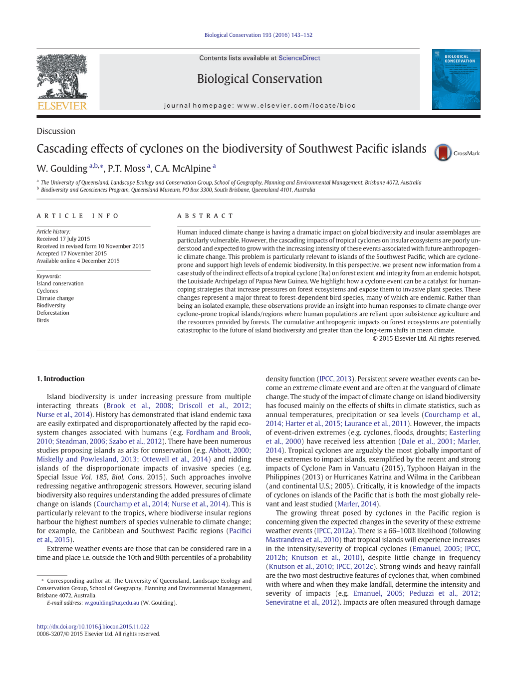 Cascading Effects of Cyclones on the Biodiversity of Southwest Pacific