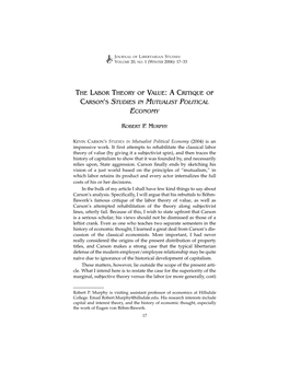 The Labor Theory of Value: a Critique of Carson’S Studies in Mutualist Political Economy