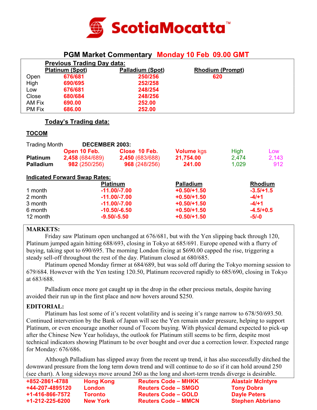 PGM Market Commentary Monday 10 Feb 09.00