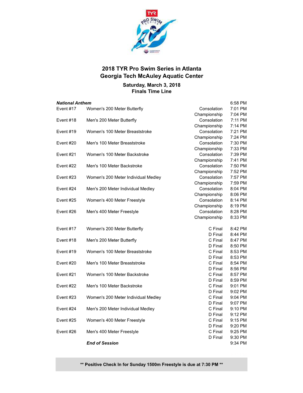 2018 TYR Pro Swim Series in Atlanta Georgia Tech Mcauley Aquatic Center Saturday, March 3, 2018 Finals Time Line