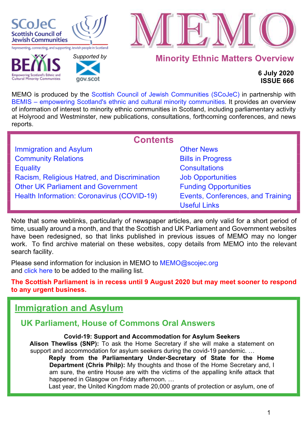 MEMO Is Produced by the Scottish Council of Jewish Communities (Scojec) in Partnership with BEMIS – Empowering Scotland's Ethnic and Cultural Minority Communities