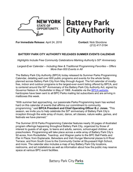 Battery Park City Authority Releases Summer 2018 Events Calendar