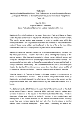 Statement We Urge Osaka Mayor Hashimoto Toru, Co-President Of