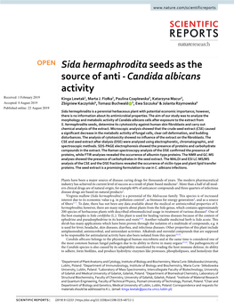 Sida Hermaphrodita Seeds As the Source of Anti - Candida Albicans Activity Received: 1 February 2019 Kinga Lewtak1, Marta J
