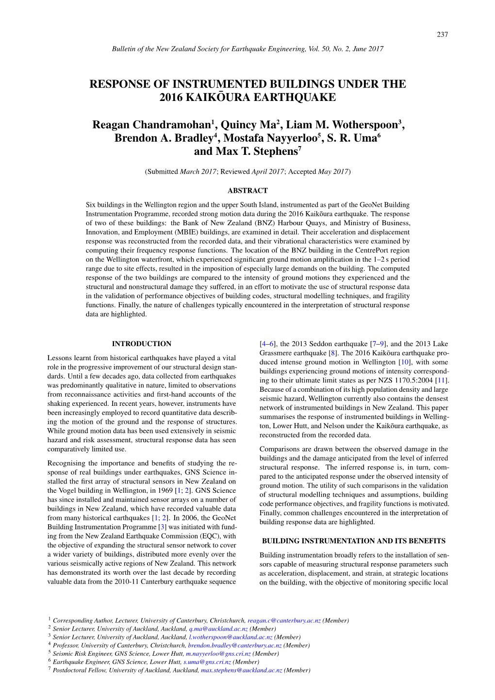 Response of Instrumented Buildings Under the 2016 Kaikoura¯ Earthquake