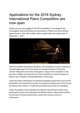 Applications for the 2016 Sydney International Piano Competition Are Now Open