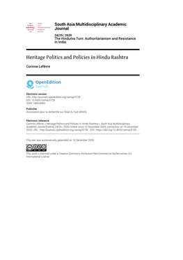 South Asia Multidisciplinary Academic Journal, 24/25 | 2020 Heritage Politics and Policies in Hindu Rashtra 2