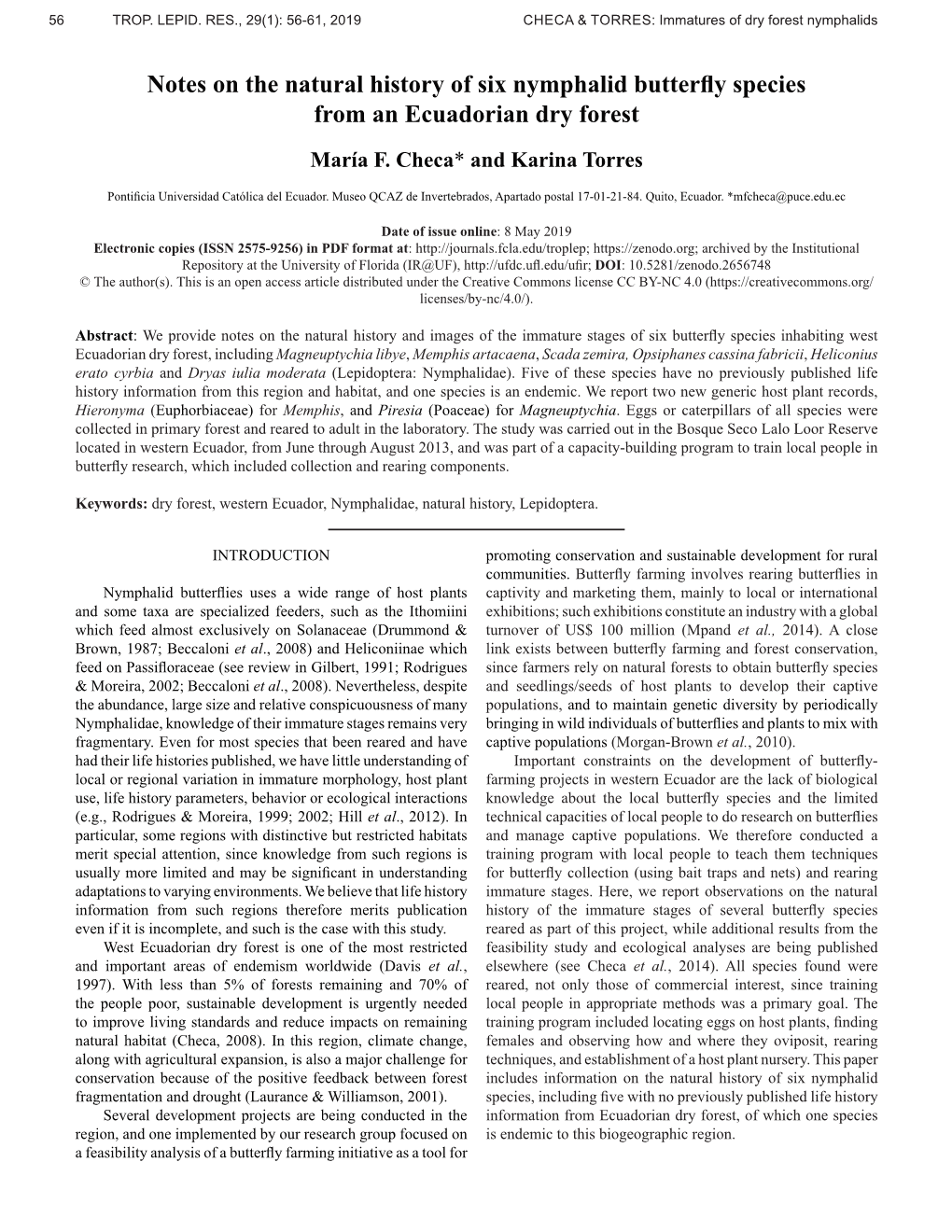 Notes on the Natural History of Six Nymphalid Butterfly Species from an Ecuadorian Dry Forest