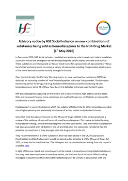 Advisory Notice by HSE Social Inclusion on New Combinations of Substances Being Sold As Benzodiazepines to the Irish Drug Market (1St May 2020)