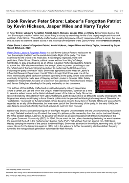 Peter Shore: Labour’S Forgotten Patriot by Kevin Hickson, Jasper Miles and Harry Taylor Page 1 of 3