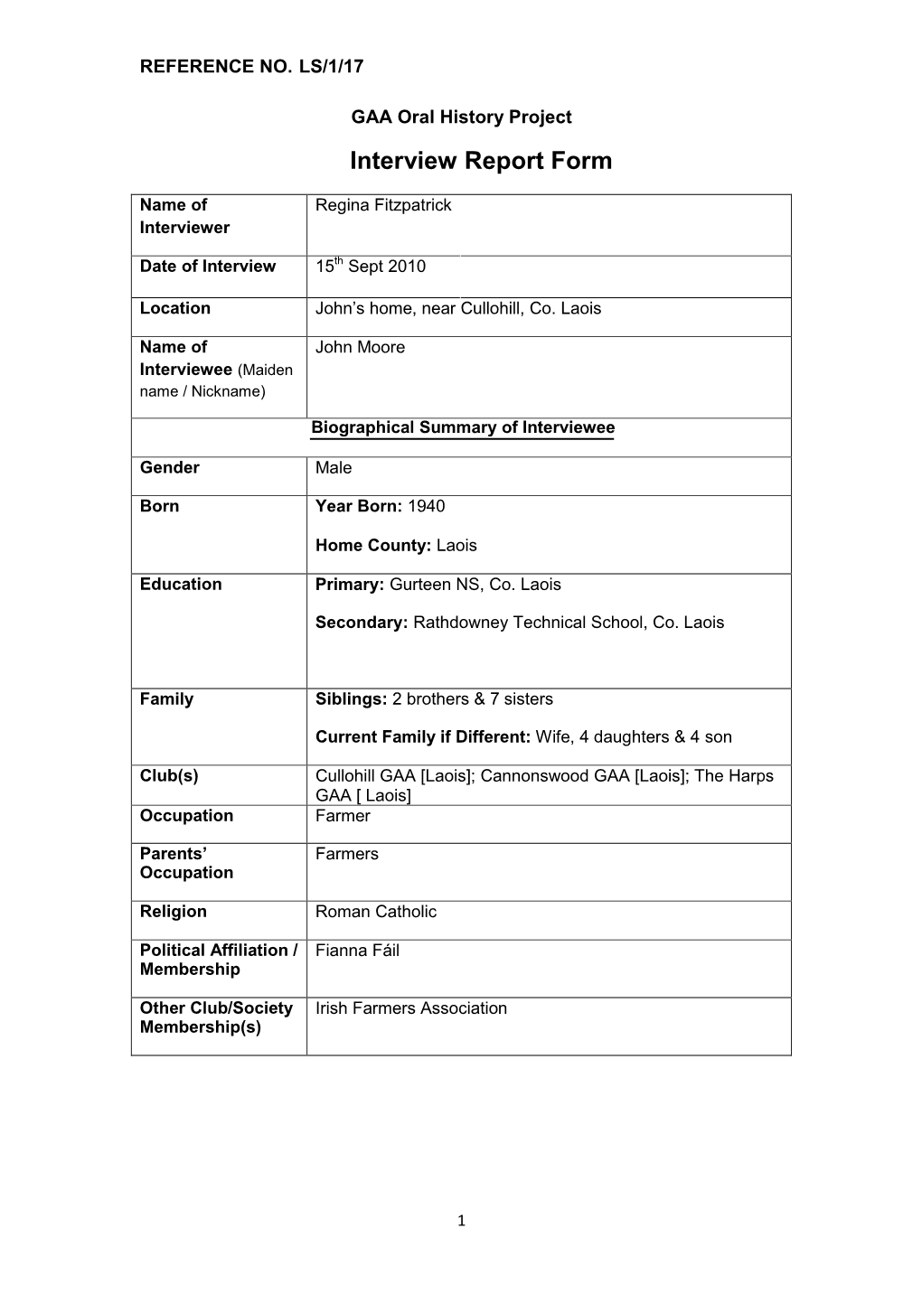 GAA Oral History Project Interview Report Form