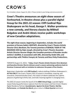 Crow's Theatre Announces an Eight-Show Season of Lionhearted, In-Theatre Shows Plus a Parallel Digital Lineup for the 2021.22