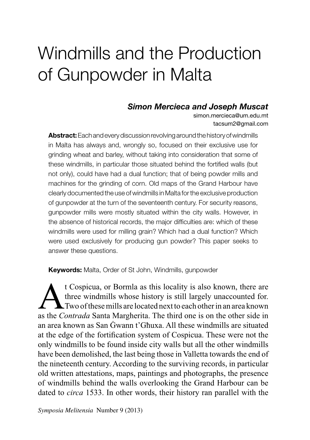 Windmills and the Production of Gunpowder in Malta Windmills and the Production of Gunpowder in Malta