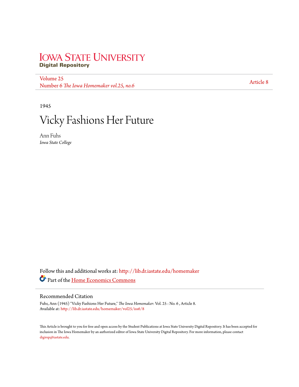 Vicky Fashions Her Future Ann Fuhs Iowa State College