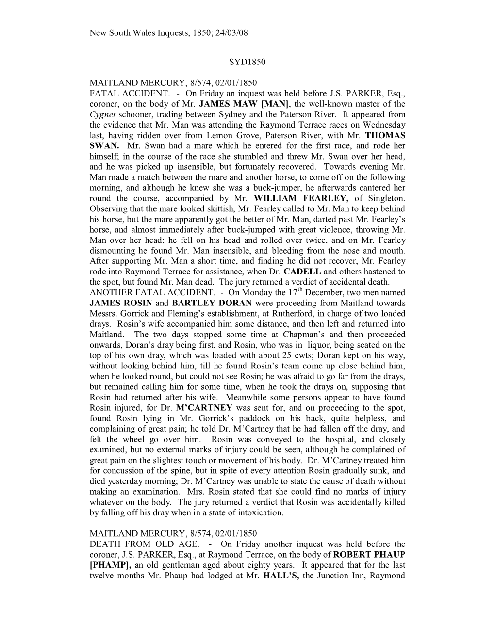 New South Wales Inquests, 1850; 24/03/08