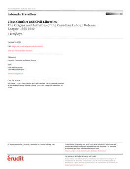 Class Conflict and Civil Liberties: the Origins and Activities of the Canadian Labour Defense League, 1925-1940
