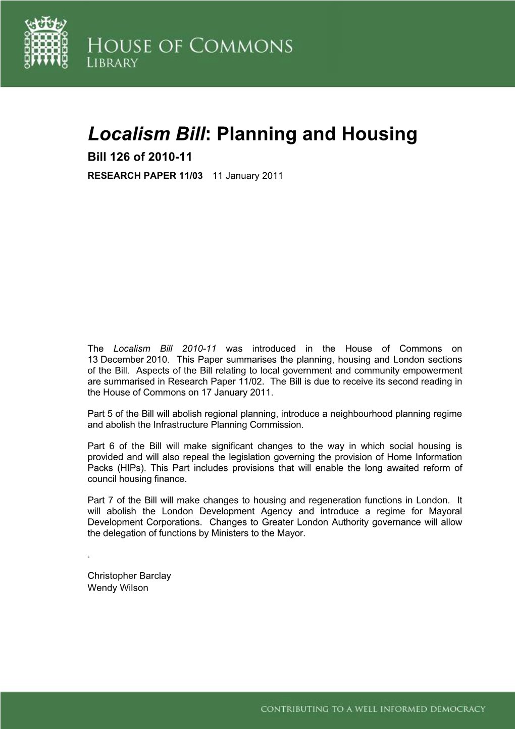 Localism Bill: Planning and Housing Bill 126 of 2010-11 RESEARCH PAPER 11/03 11 January 2011