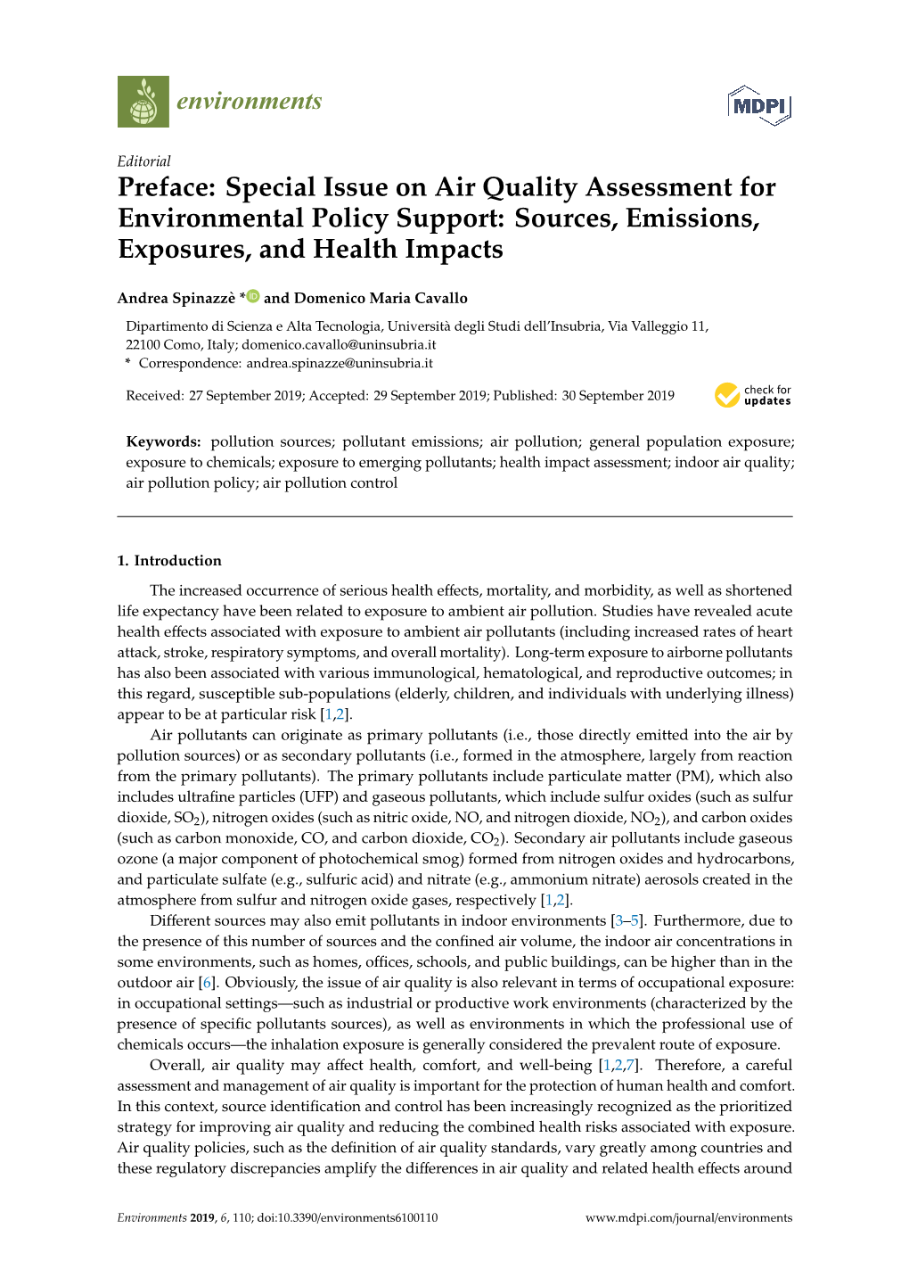Preface: Special Issue on Air Quality Assessment for Environmental Policy Support: Sources, Emissions, Exposures, and Health Impacts