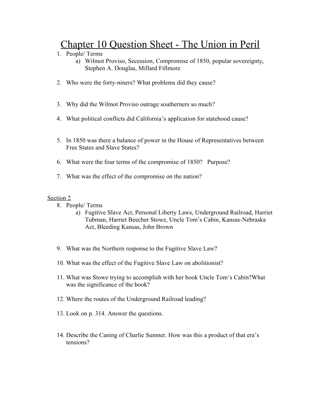 Chapter 10 Question Sheet