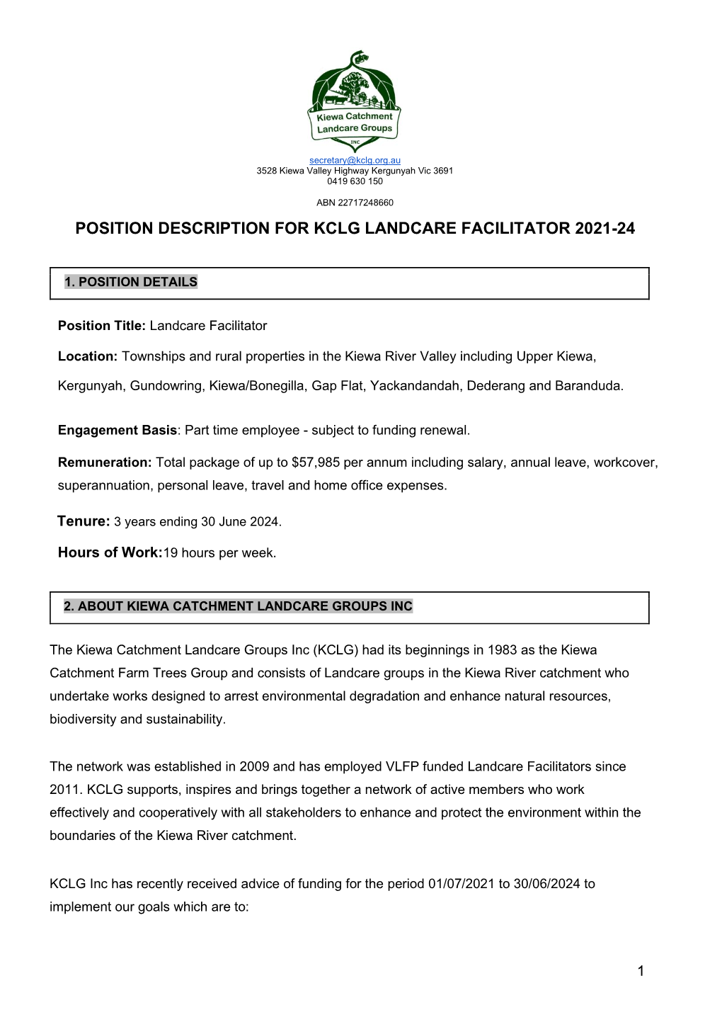 Position Description for Kclg Landcare Facilitator 2021-24