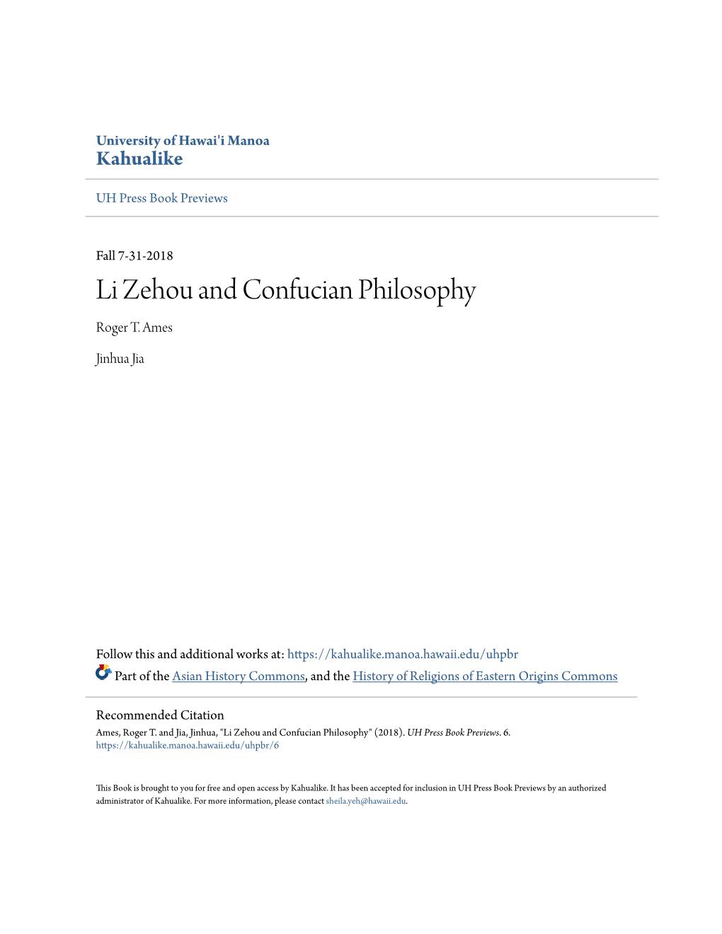 Li Zehou and Confucian Philosophy Roger T