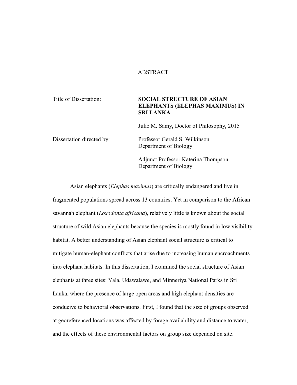 Social Structure of Asian Elephants (Elephas Maximus) in Sri Lanka