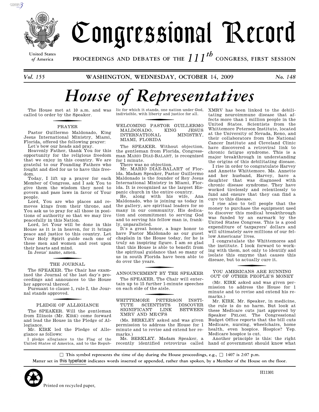 Congressional Record United States Th of America PROCEEDINGS and DEBATES of the 111 CONGRESS, FIRST SESSION